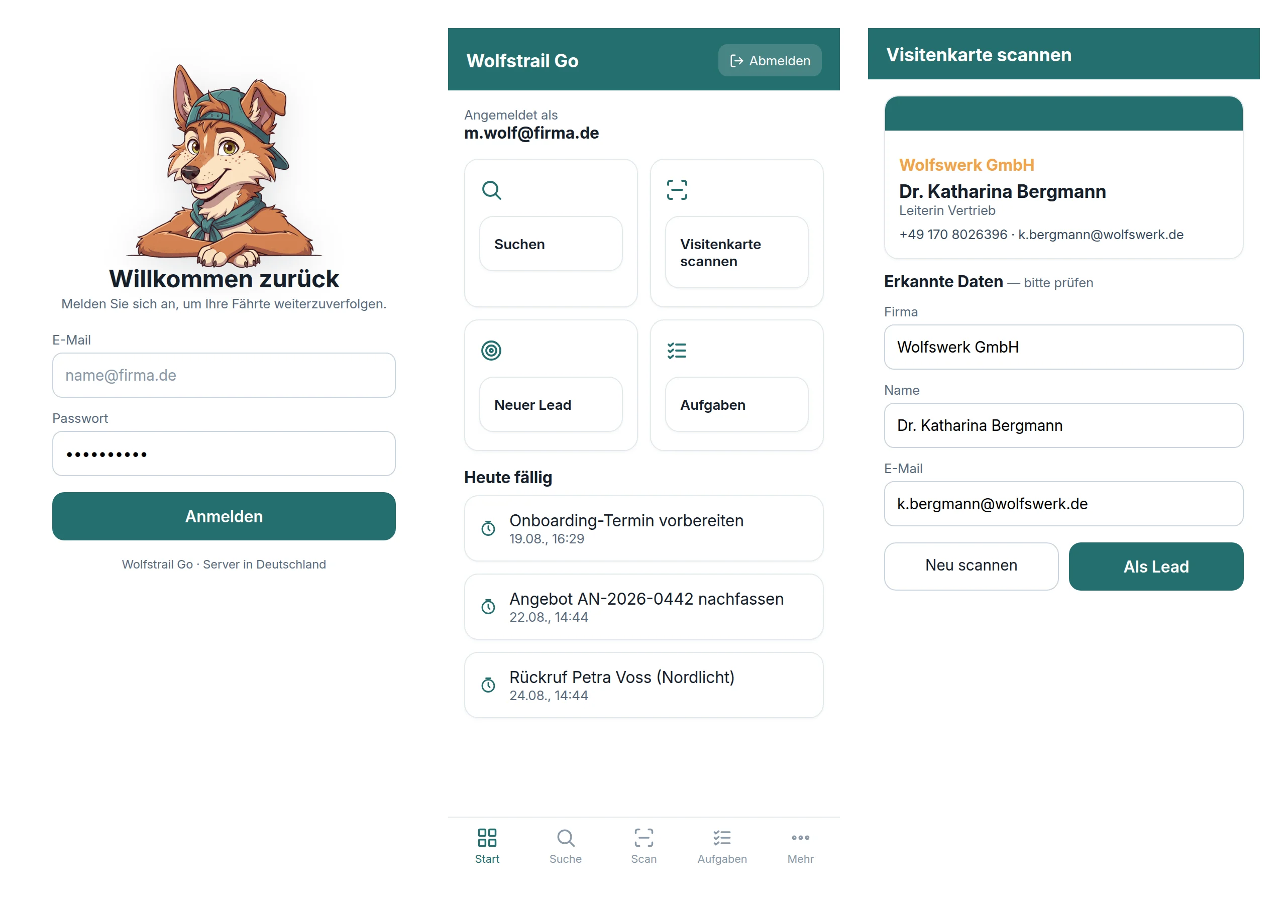 Wolfstrail Go: Anmeldung, Startseite und Visitenkarten-Scanner auf dem Smartphone